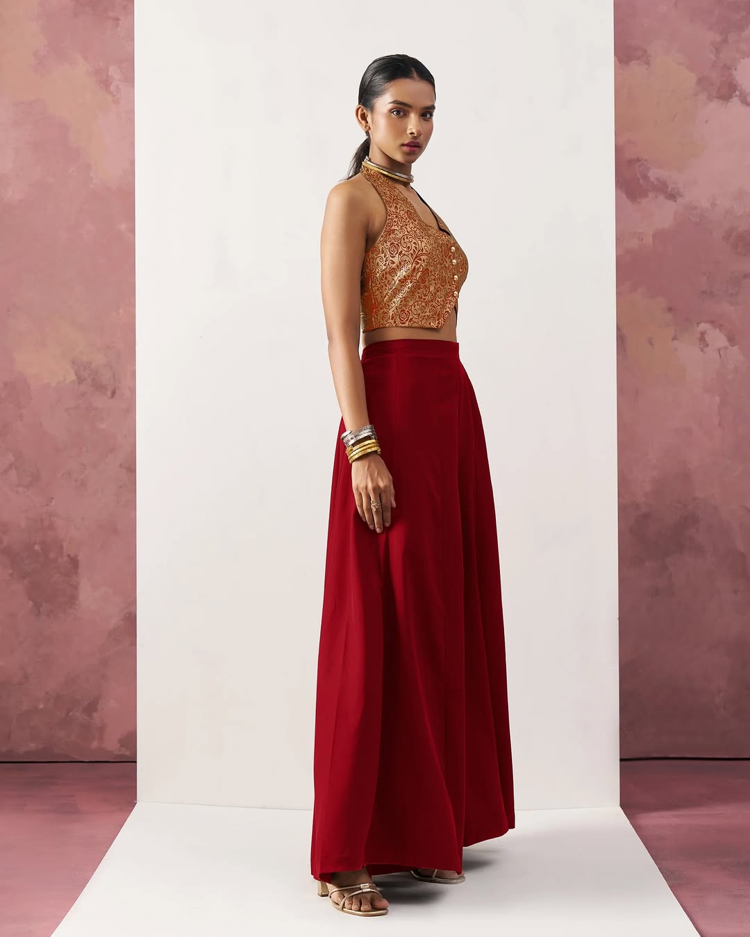 Regal Bloom - Brocade Halter Crop Top with Palazzo