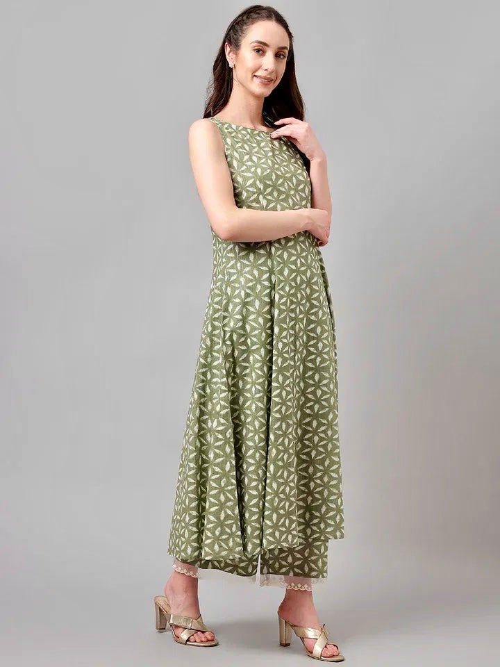 Festive Fern – Pure Cotton Embroidered Kurta & Palazzo Set