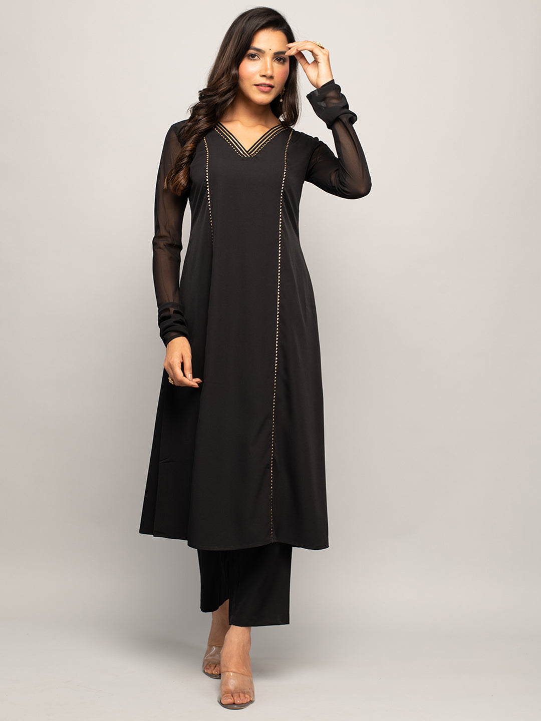 Midnight Elegance - Black Crepe Kurta Set with Golden Zari Dupatta