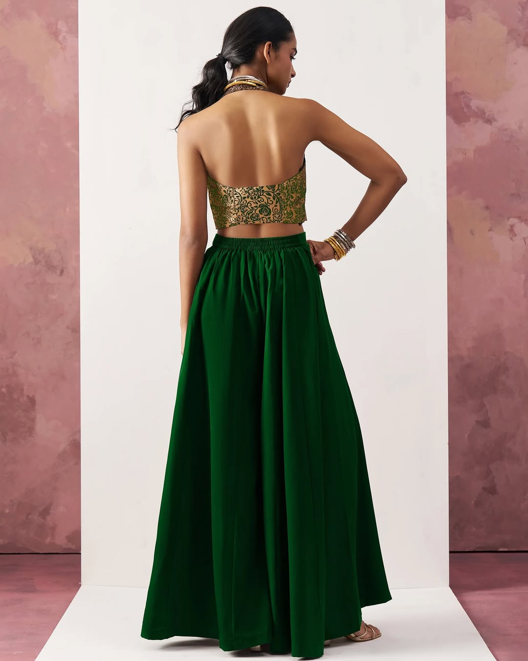 Regal Bloom - Brocade Halter Crop Top with Palazzo
