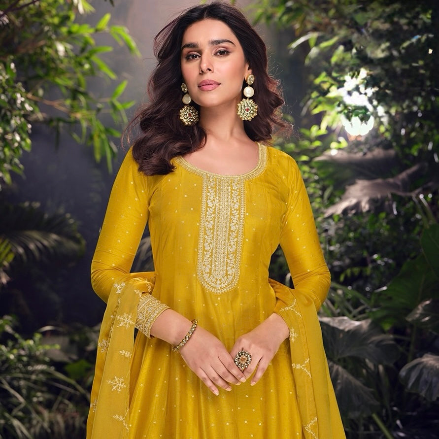 Mustard Muse - Pure Viscose Jacquard Silk Embroidered Suit