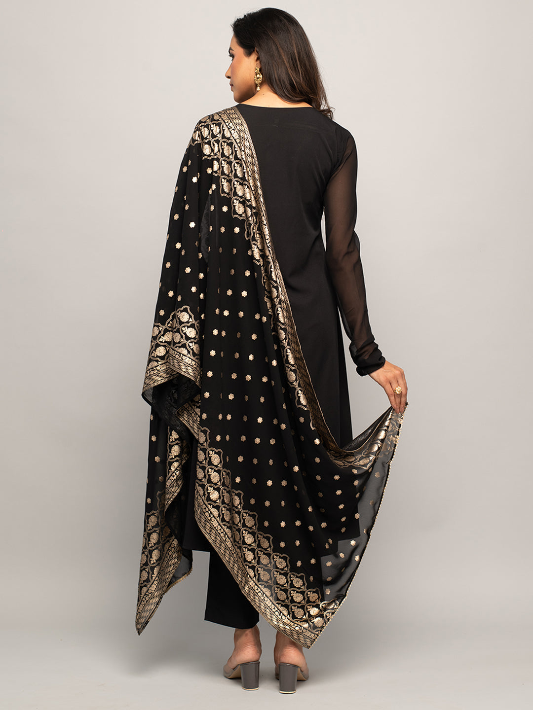Midnight Elegance - Black Crepe Kurta Set with Golden Zari Dupatta