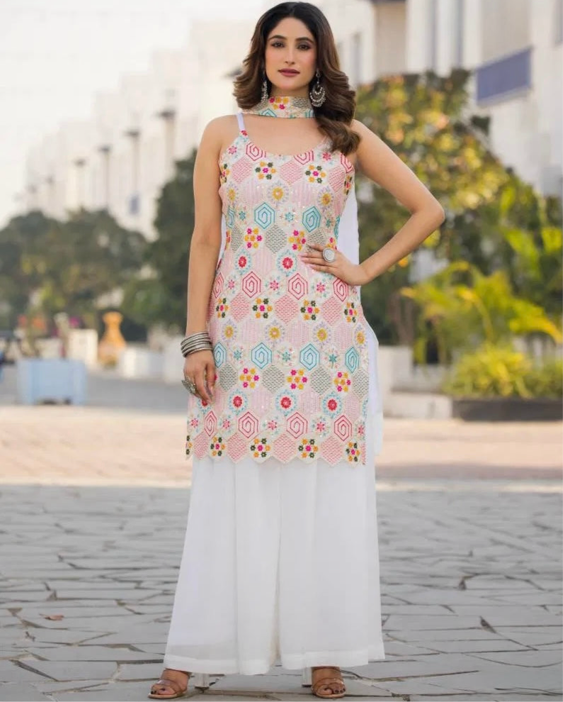 Opulent Ensemble - Embroidered Chinon Silk Suit