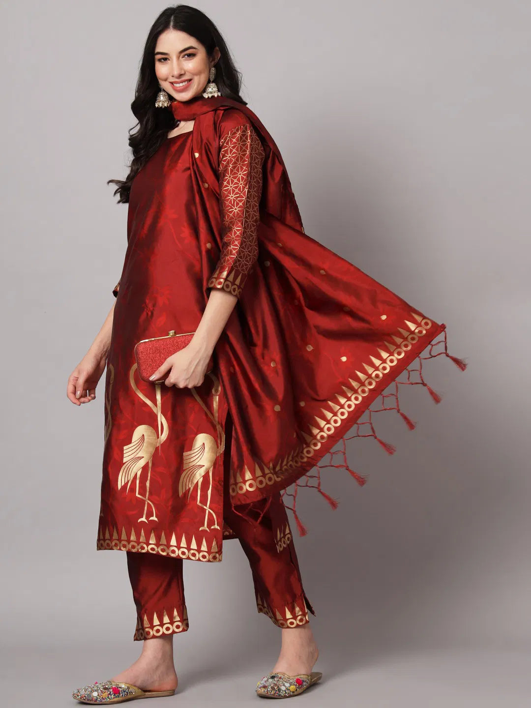 Zari Zest – Festive Silk Suit with Bird Motifs & Jacquard Sleeves
