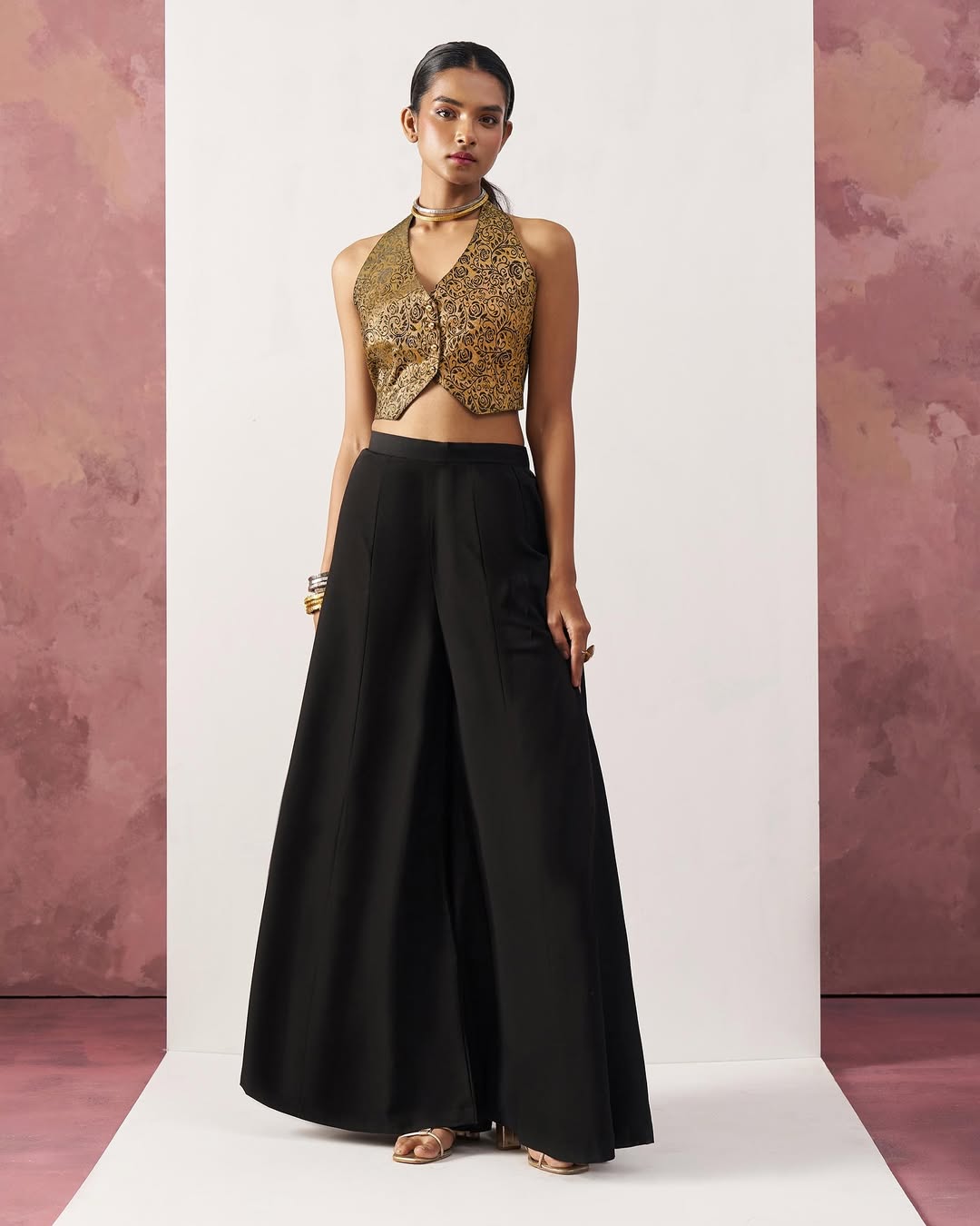 Regal Bloom - Brocade Halter Crop Top with Palazzo