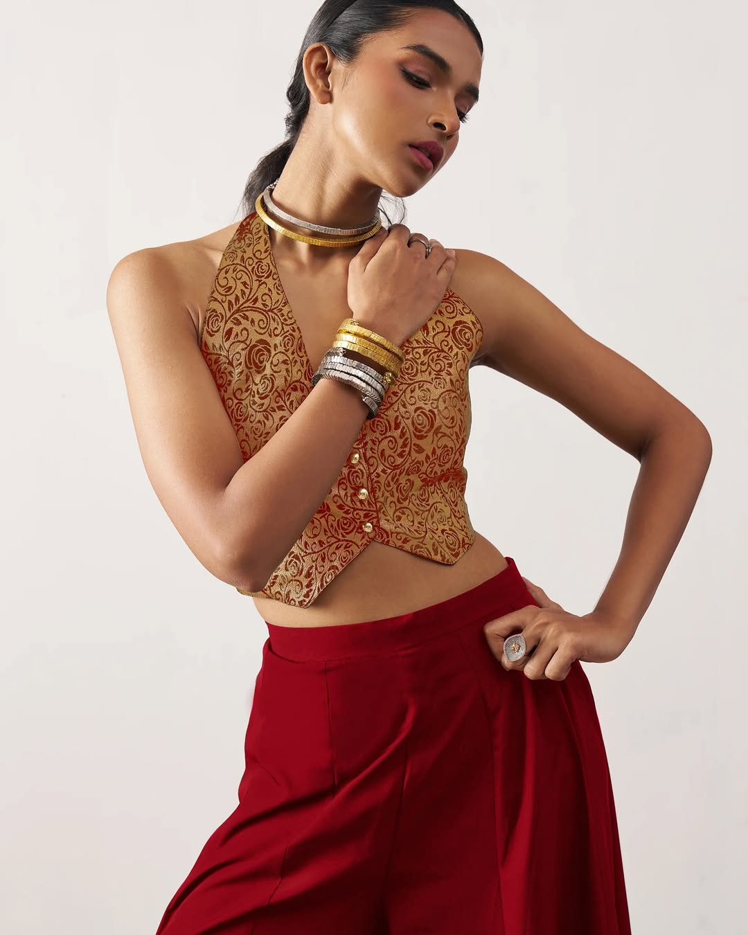 Regal Bloom - Brocade Halter Crop Top with Palazzo