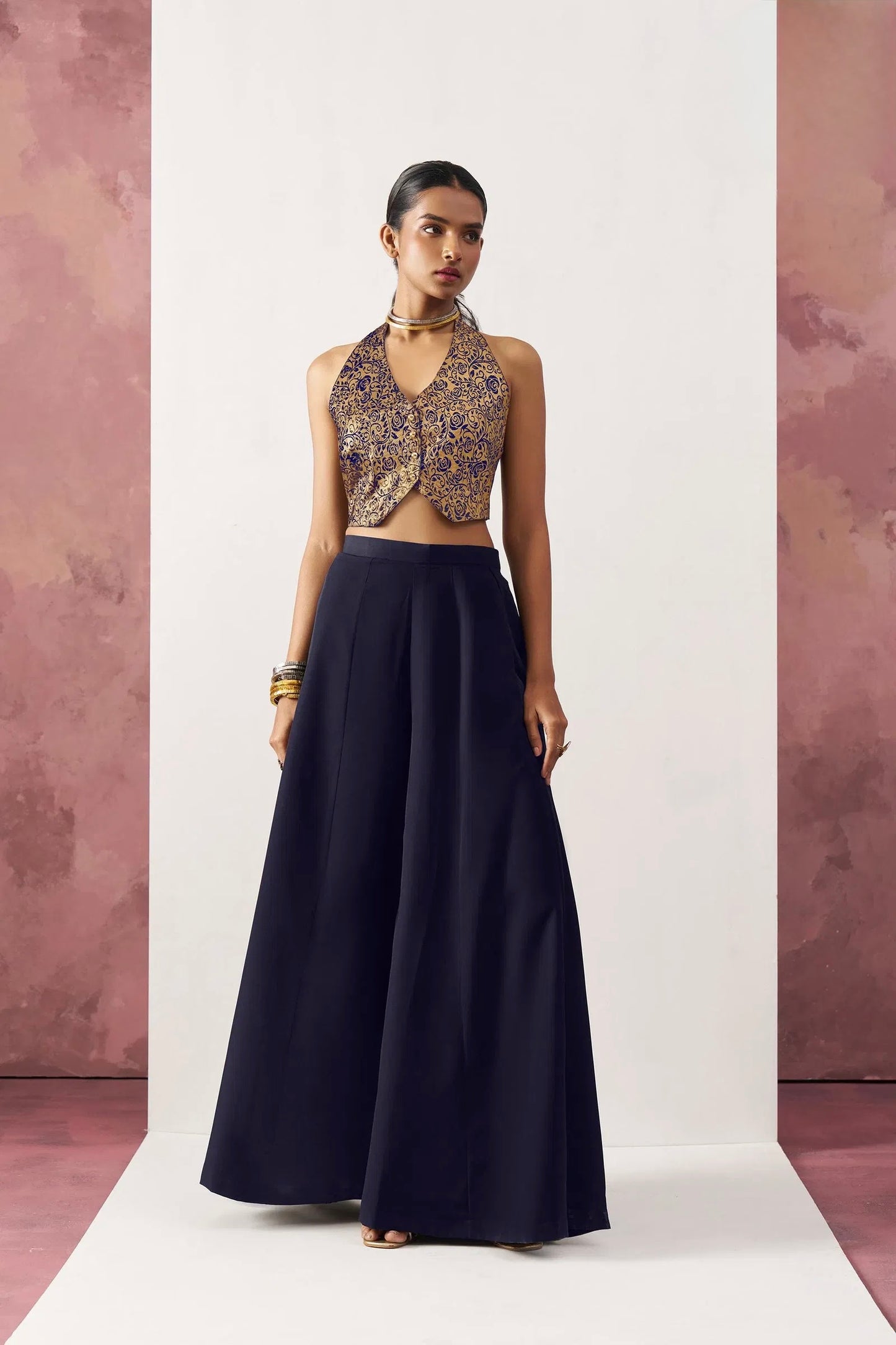 Regal Bloom - Brocade Halter Crop Top with Palazzo