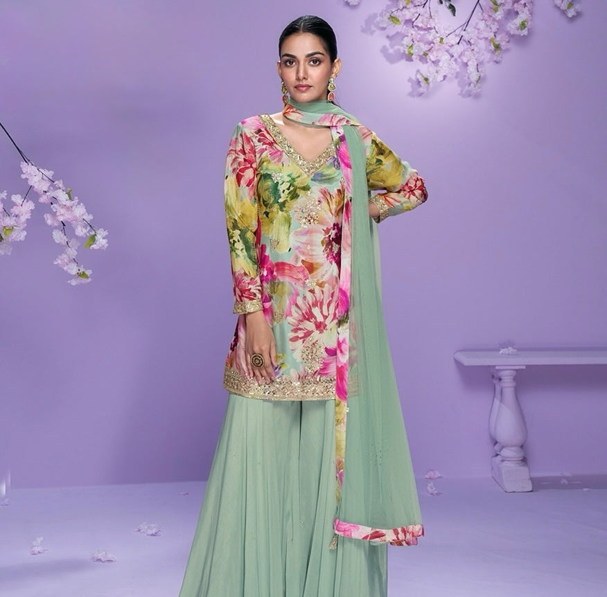 Vaani - Chinon Silk Embroidered Palazzo Suit