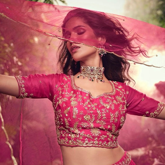 Fuchsia Bloom – Chinon Silk Embroidered Lehenga