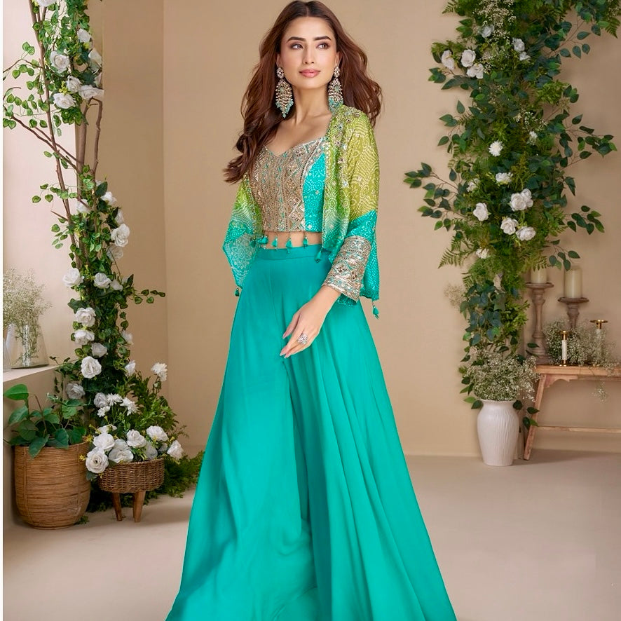 Vibrant Allure - Turquoise Green Hand Embroidered Chinon Silk Palazzo Set with Jacket
