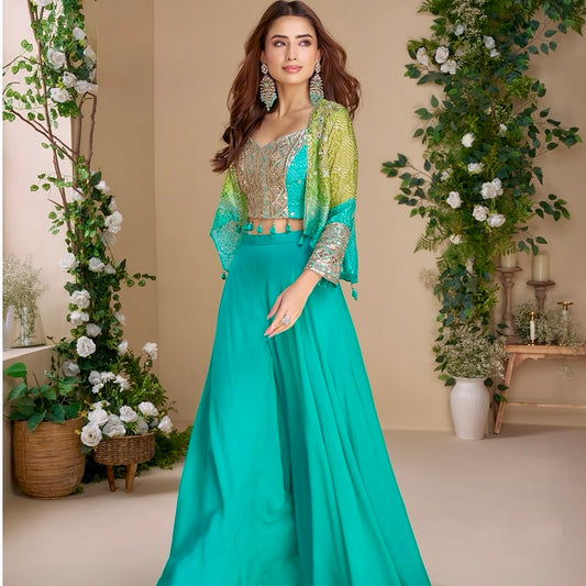 Vibrant Allure - Turquoise Green Hand Embroidered Chinon Silk Palazzo Set with Jacket
