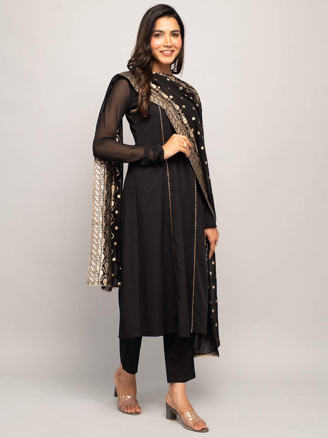 Midnight Elegance - Black Crepe Kurta Set with Golden Zari Dupatta