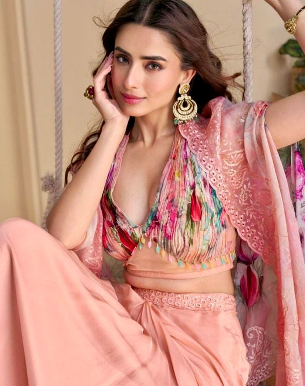 Graceful Bloom - Pink Chinon Silk Indo-Western Co-ord Set with Cape & Drape Skirt