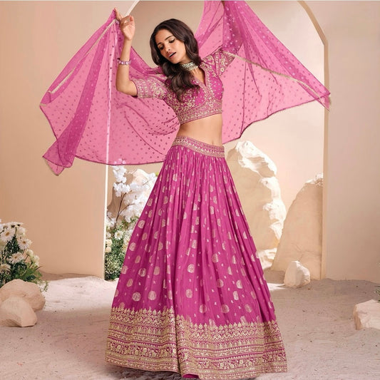 Royal Magenta - Embroidered Viscose Jacquard Silk Lehenga