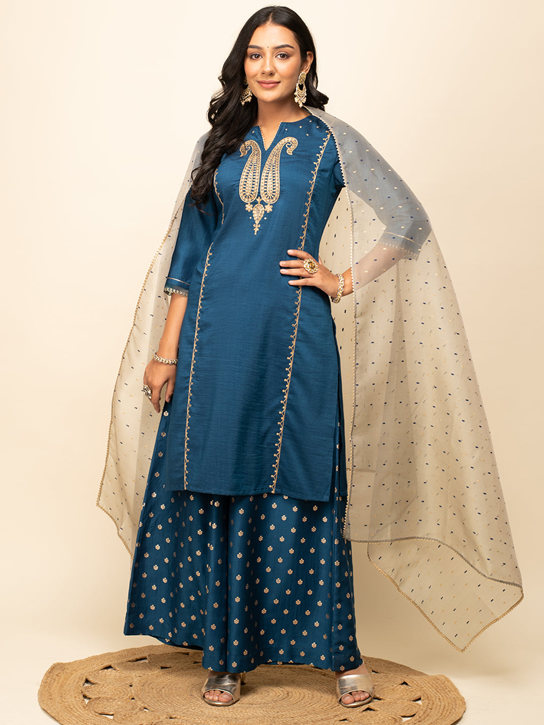 Regal Teal Zari – Embroidered Silk Blend Kurta Set with Palazzo & Organza Dupatta