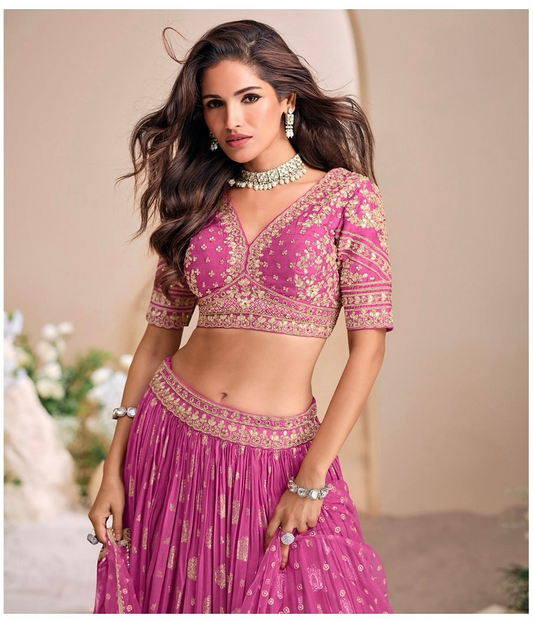 Royal Magenta - Embroidered Viscose Jacquard Silk Lehenga