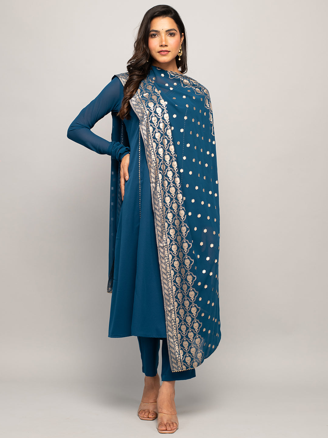 Teal Elegance - Blue Crepe Kurta Set with Jacquard Dupatta