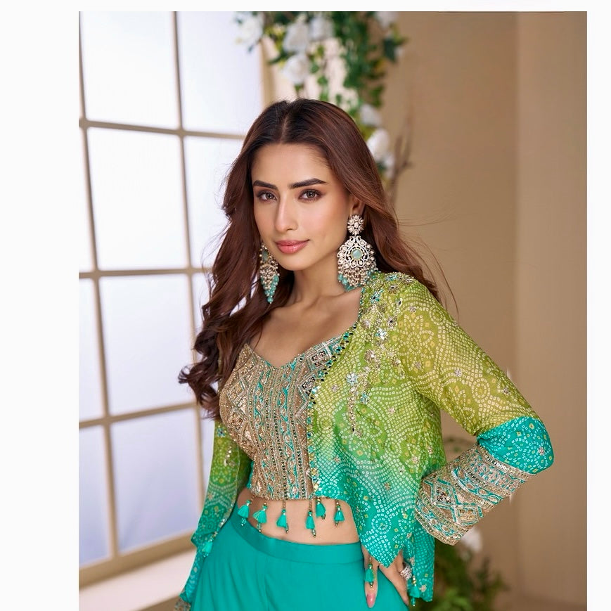 Vibrant Allure - Turquoise Green Hand Embroidered Chinon Silk Palazzo Set with Jacket