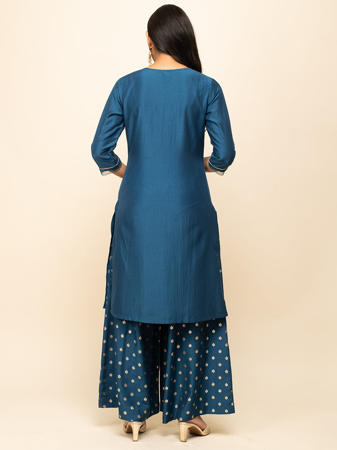Regal Teal Zari – Embroidered Silk Blend Kurta Set with Palazzo & Organza Dupatta