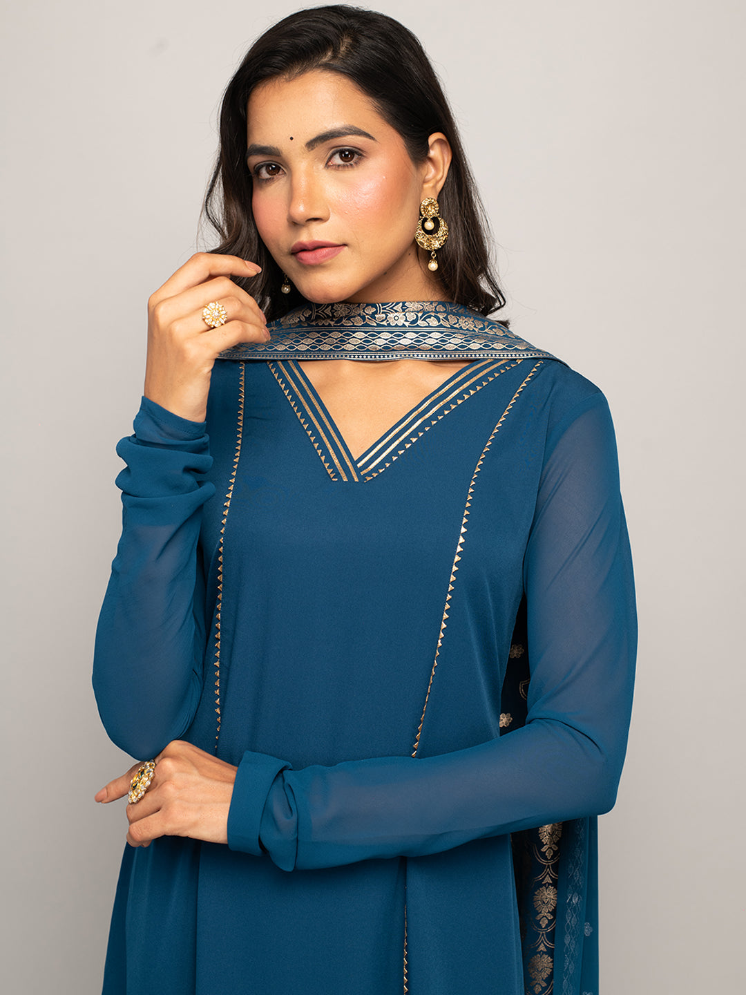 Teal Elegance - Blue Crepe Kurta Set with Jacquard Dupatta