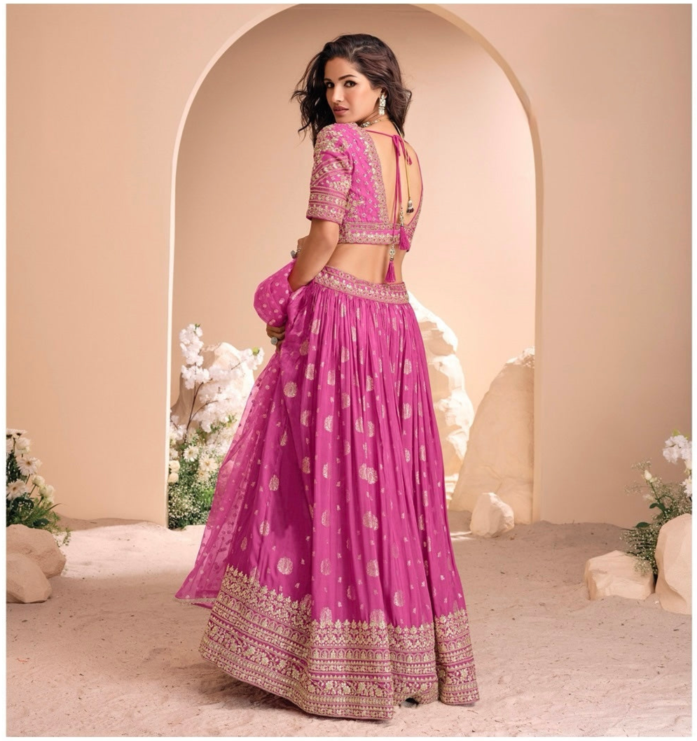 Royal Magenta - Embroidered Viscose Jacquard Silk Lehenga