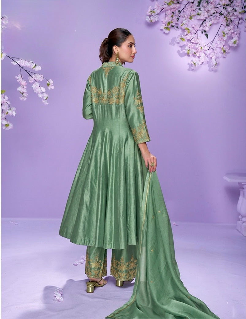 Jade Whisper Elegance – Roman Silk Embroidered Anarkali Suit