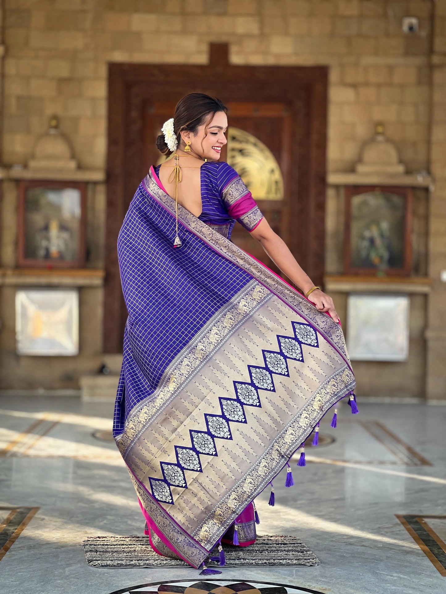 Vaanika - Luxe Soft Kanjivaram Saree with Chequered Zari and Regal Borders