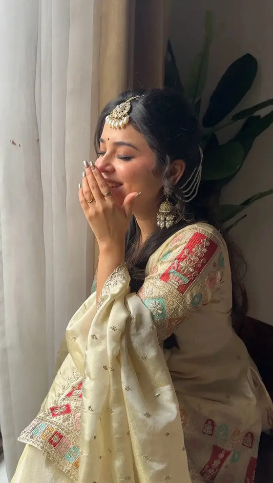 Heer Elegance - Hand Embroidered Suit in Cream Gold
