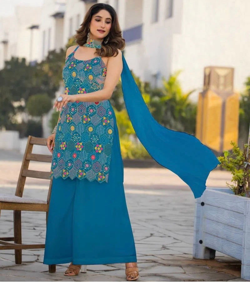 Opulent Ensemble - Embroidered Chinon Silk Suit