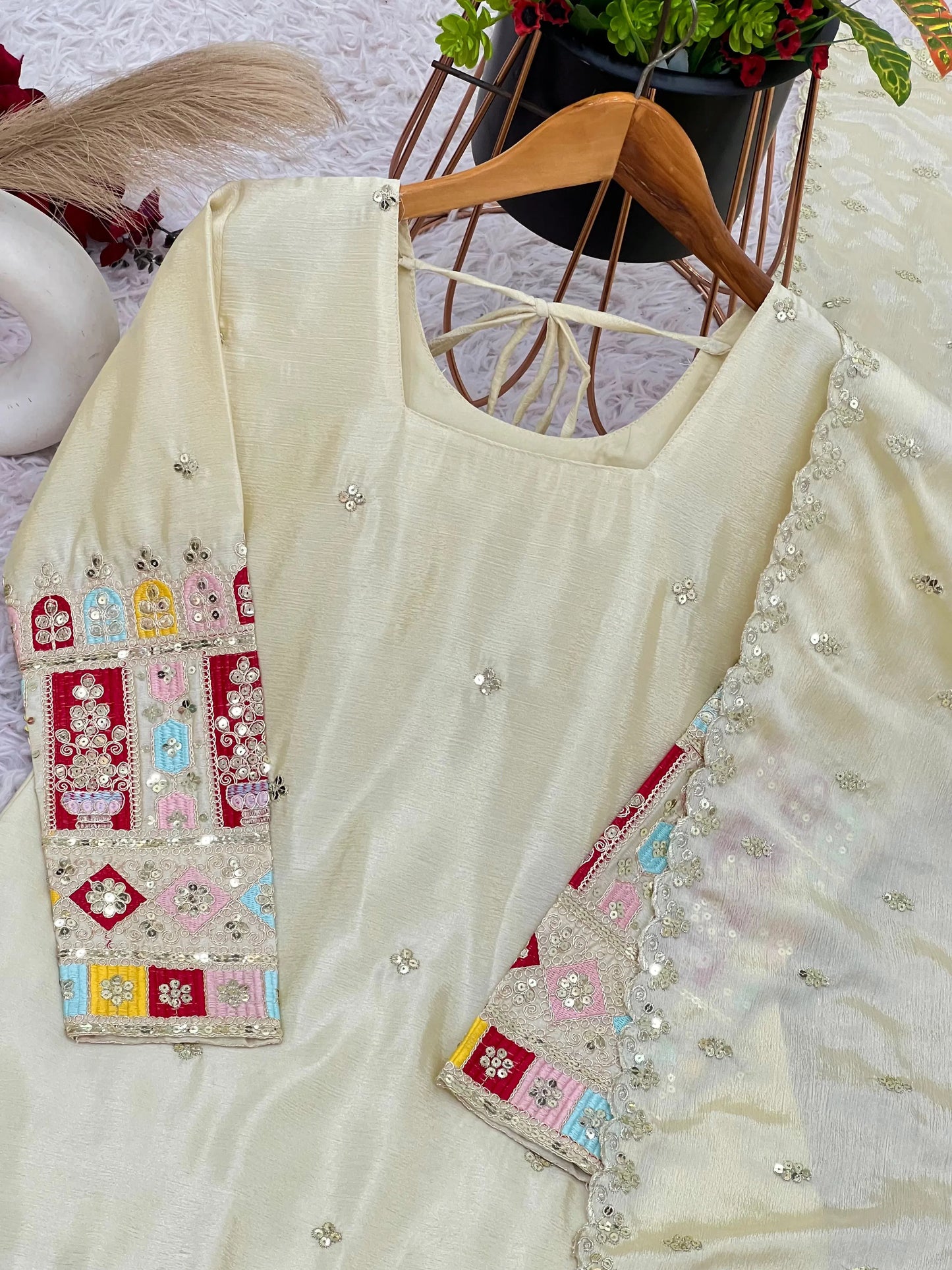 Heer Elegance - Hand Embroidered Suit in Cream Gold