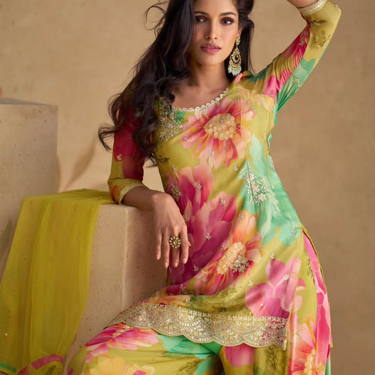 Floral Whisper - Chinon Silk Sharara Suit