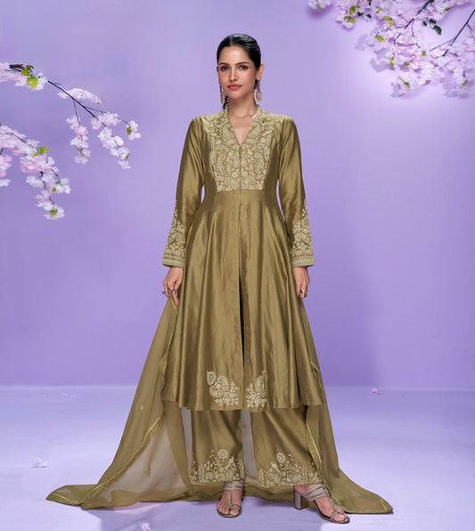 Golden Olive Elegance – Roman Silk Embroidered Anarkali Suit