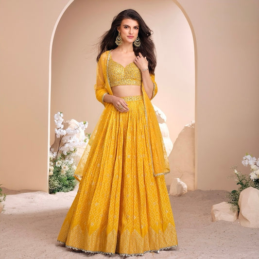 Sunlit Radiance – Yellow Viscose Jacquard Silk Lehenga