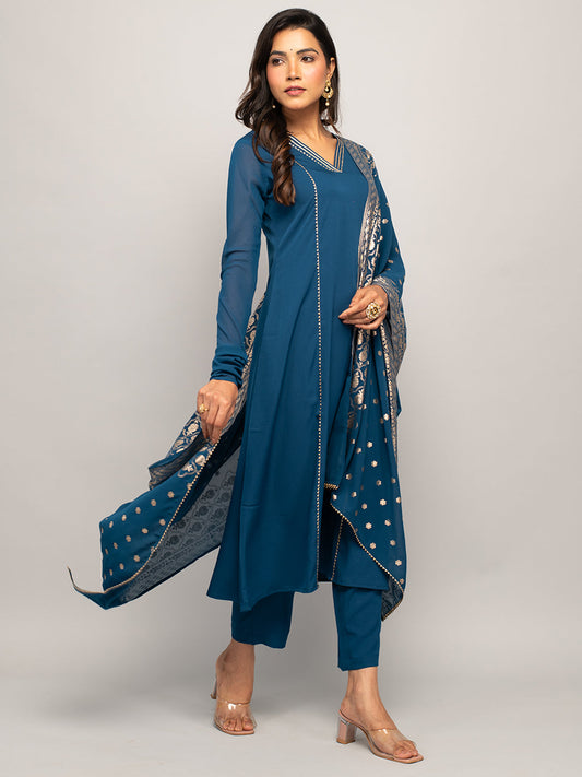 Teal Elegance - Blue Crepe Kurta Set with Jacquard Dupatta