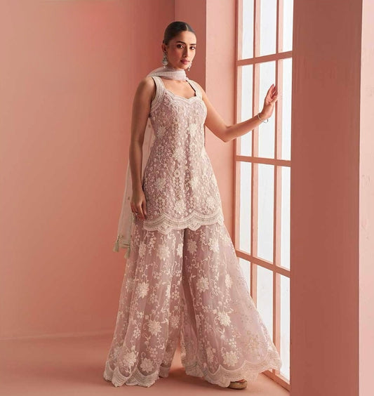 Rose Mist – Embroidered Net Palazzo Suit