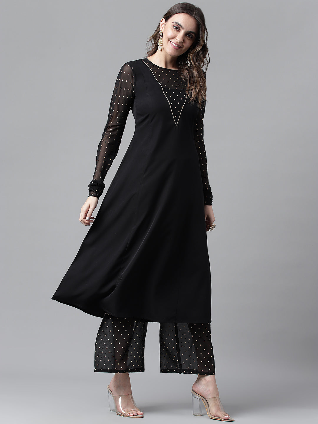 Midnight Grace – Black Sheer Sleeve Kurta with Palazzo