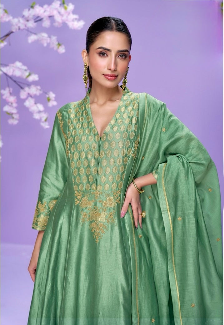 Jade Whisper Elegance – Roman Silk Embroidered Anarkali Suit