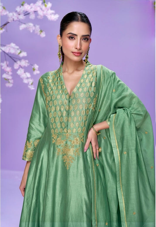 Jade Whisper Elegance – Roman Silk Embroidered Anarkali Suit