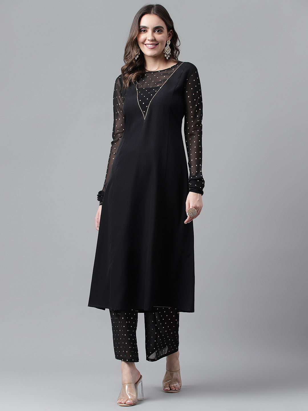 Midnight Grace – Black Sheer Sleeve Kurta with Palazzo