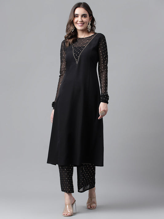 Midnight Grace – Black Sheer Sleeve Kurta with Palazzo