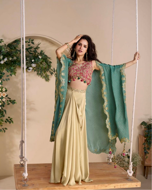 Timeless Charm - Embroidered Chinon Silk Indo-Western Co-ord Set with Cape & Drape Skirt