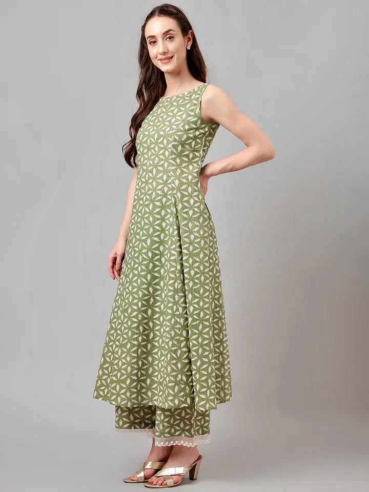 Festive Fern – Pure Cotton Embroidered Kurta & Palazzo Set