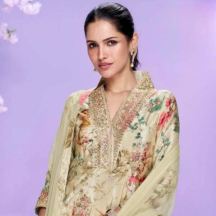 Golden Aura – Chinon Silk Floral Designer Suit