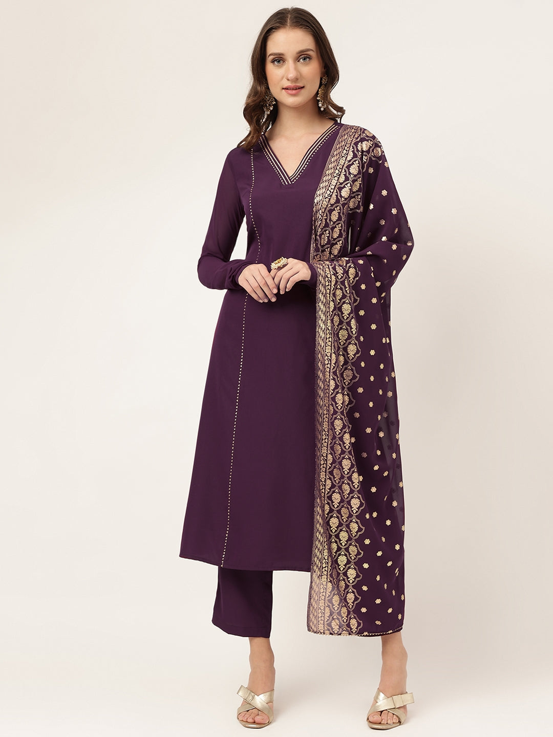 Plum Elegance – Purple Kurta Set with Foil Print Dupatta