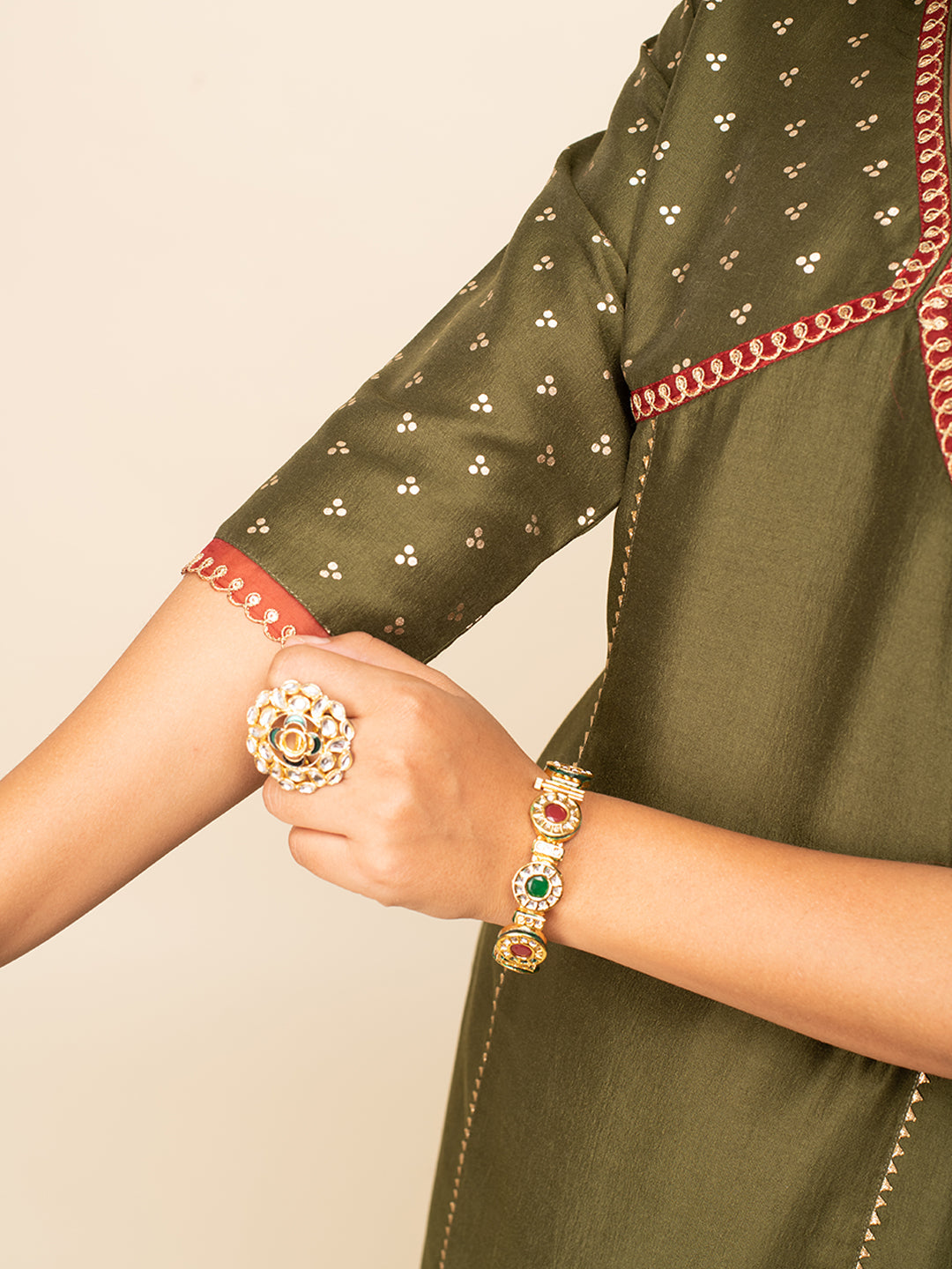 Radiant Olive Charm – Silk Blend Kurta Set with Palazzo & Crimson Organza Dupatta