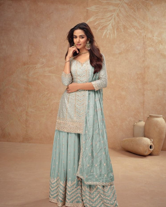 Gulnaz - Pastel Chinon Sparkle Sharara Suit