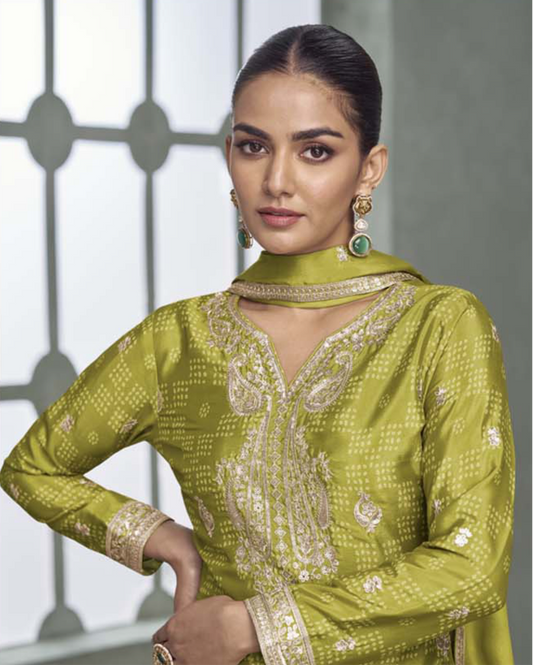 Olive Aura – Chinon Silk Party Wear Salwar Suit