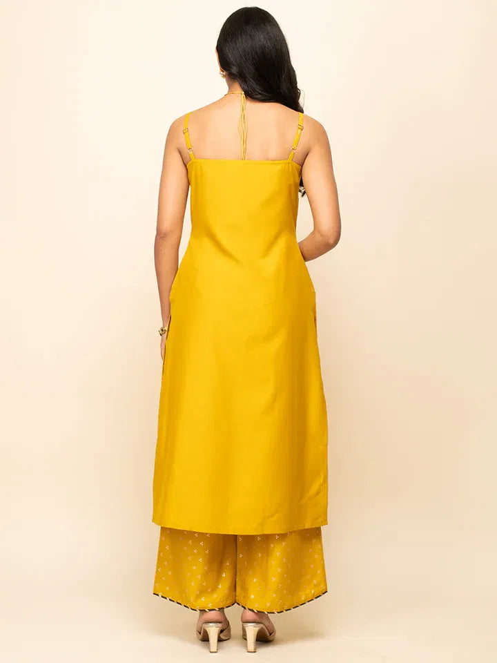 Zest & Zari - Mustard Muslin Suit with Gota Lace and Contrast Dupatta
