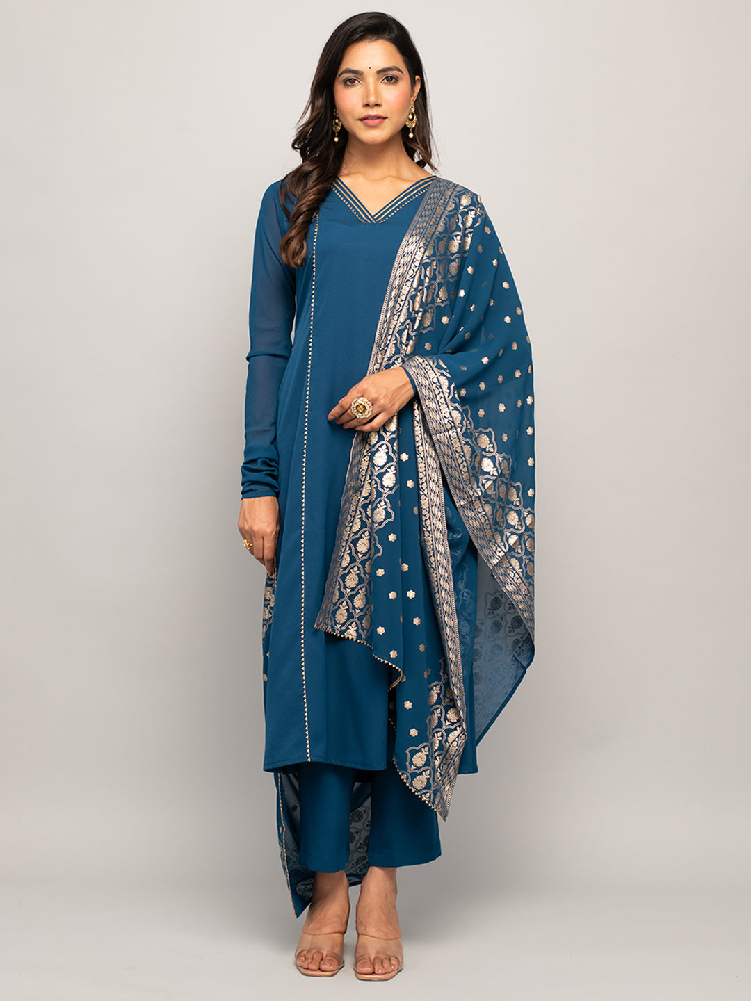 Teal Elegance - Blue Crepe Kurta Set with Jacquard Dupatta