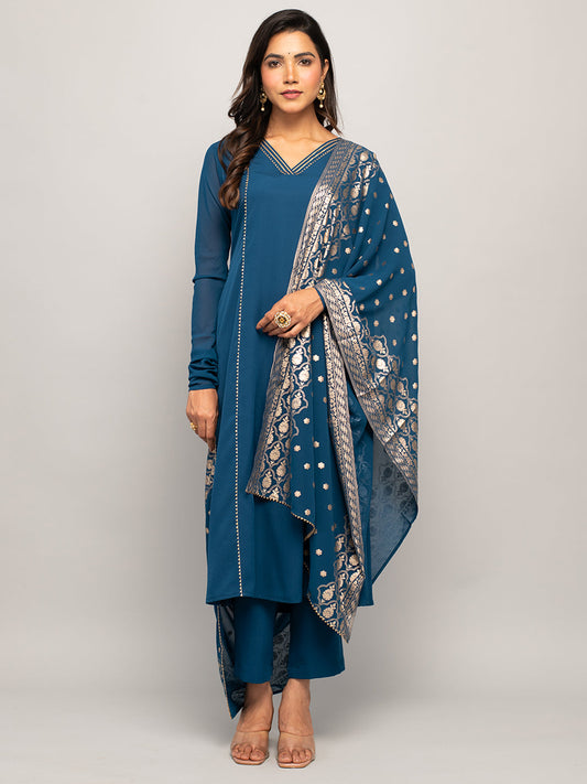 Teal Elegance - Blue Crepe Kurta Set with Jacquard Dupatta